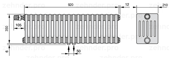 Схема (чертеж) Радиатор Zehnder Charleston 6035/20 №V007 Белый глянцевый RAL 9016